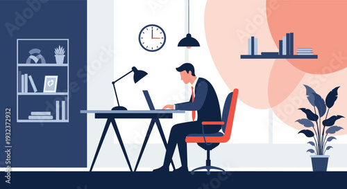 Professional man focused on working with his laptop at a modern office desk with a lamp, bookshelf, and clock.