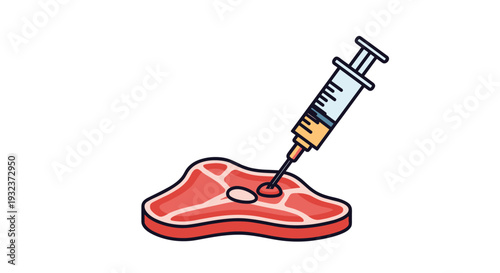 Medical syringe injecting a liquid substance into a raw piece of meat symbolizing food industry chemicals or testing.