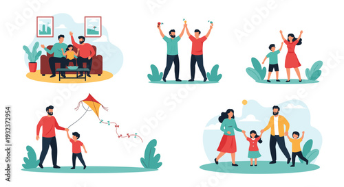Set of illustrations showing diverse families and friends celebrating, playing with a kite, and walking in a park.