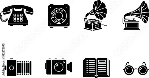 Old Stuff Day icons: vintage tech and retro items in black and white