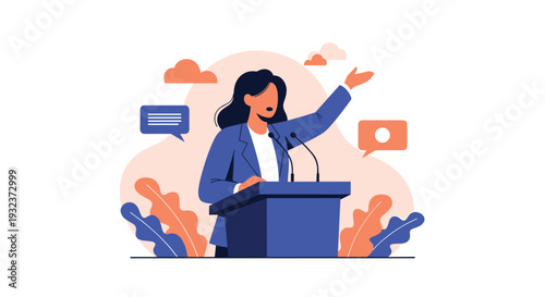 Confident female speaker delivering a presentation or speech from a podium with speech bubbles and abstract elements in the background.