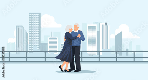 Senior man and woman sharing a romantic moment by dancing together on a rooftop balcony with a panoramic urban city skyline view behind them.