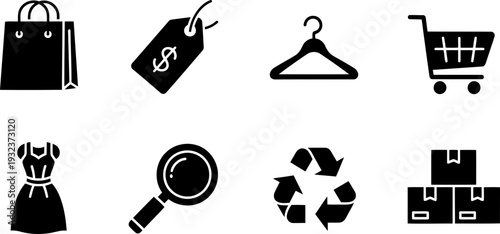 National Second-Hand Shopping Week icon set with shopping bag, price tag, hanger, cart