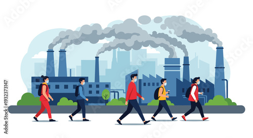 Group of people wearing protective face masks walking in front of a heavy industrial factory emitting smoke to illustrate air pollution.
