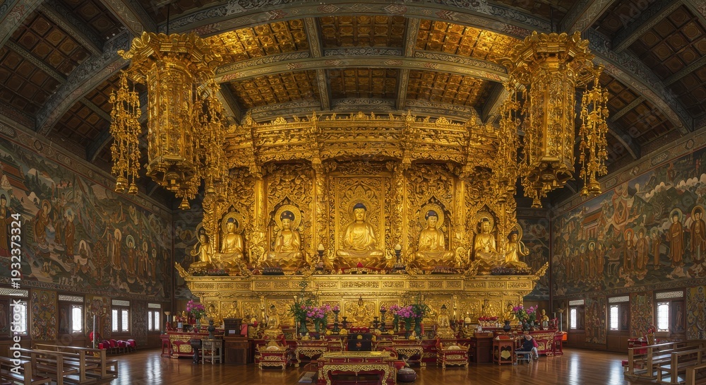 Obraz premium 豪華な金色の仏像が並ぶ広大な寺院の内部