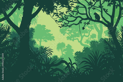 Jungle Rainforest Canopy Silhouette with Monkey Perched on Branch Lush Green Foliage