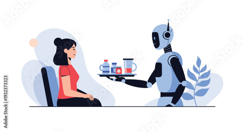 Advanced robot assistant serving a tray with drinks and medicine to a woman sitting in a chair representing future healthcare and home aid.