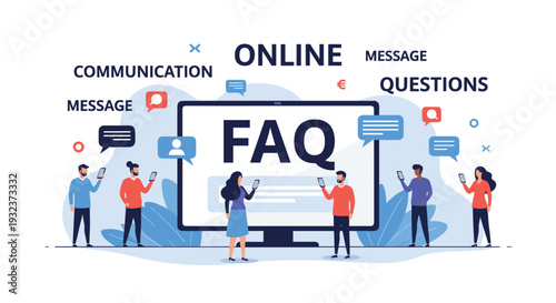 Online FAQ information page displayed on a large screen with small people using mobile devices to search for answers and communication.