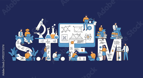 Educational illustration for STEM featuring science, technology, engineering, and mathematics themes with diverse students and academic icons.