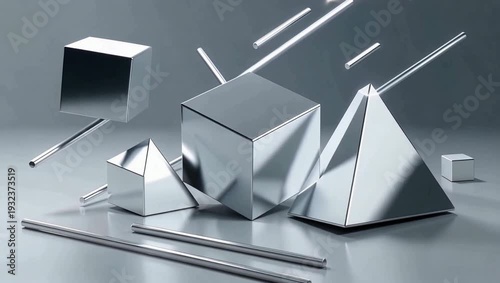 Abstract 3D Render - Silver Geometric Shapes and Cubes on a Reflective Surface.