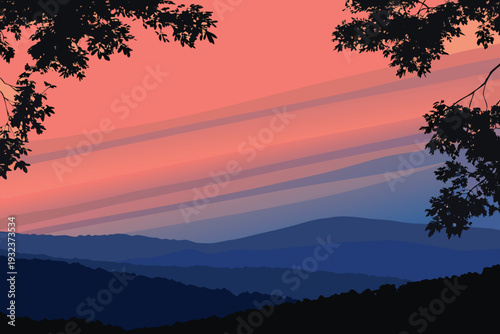Layered Mountains Silhouette at Sunset with Tree Branches Evening Sky