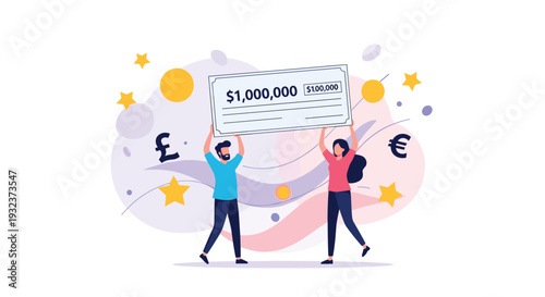 Excited man and woman celebrating while holding a giant lottery prize check for one million dollars with confetti and stars in the background.