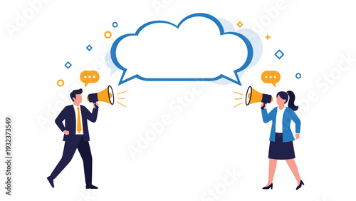 Group of various friendly robots with different shapes and speech bubbles represents artificial intelligence and communication.