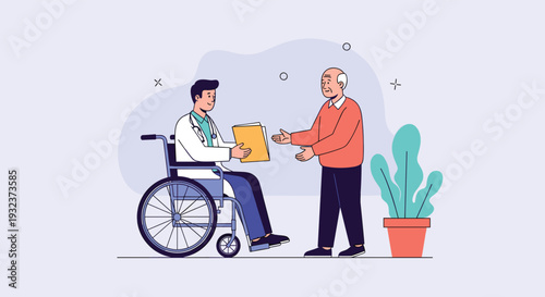 Caring doctor sitting in a wheelchair while discussing medical results with an elderly patient in a professional healthcare environment.