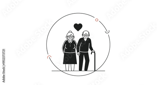 Minimalist line art illustration of an elderly couple standing together with a heart above them symbolizing long lasting love and care.
