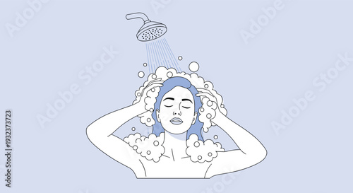 Line art of a woman washing her blue hair with shampoo and bubbles while enjoying a refreshing shower under a showerhead.