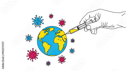 Medical professional hand giving a vaccine injection to the Earth globe surrounded by virus icons, representing global pandemic recovery efforts.