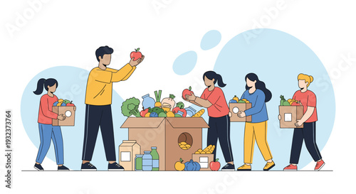 Group of volunteers working together to pack boxes with fresh food and vegetables for a community donation or food bank program.