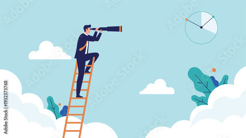 Businessman standing on a ladder using a telescope to look at a clock in the sky, symbolizing time management and future planning goals.