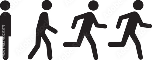 Black human motion silhouette set with person standing, walking, and running poses, evolution of movement icons, active lifestyle vector illustration, fitness progress.