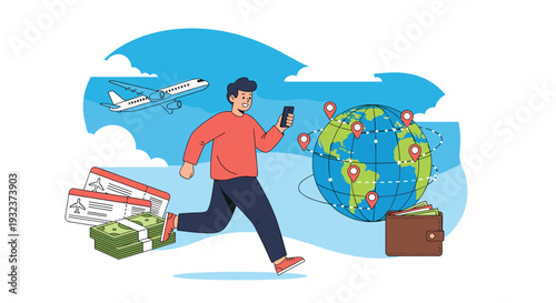 Happy man running towards a globe with location pins while carrying a smartphone, plane tickets, and money for international travel.