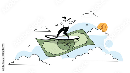 Businessman surfing on a giant dollar bill through white clouds with a golden sun coin in the sky, symbolizing financial prosperity.