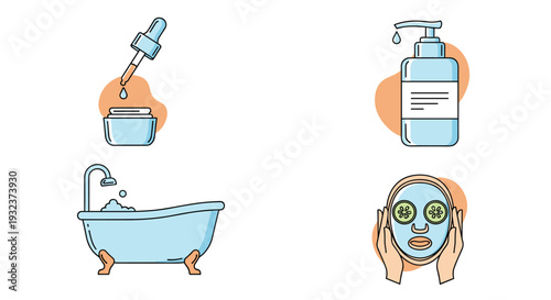 Beauty and skincare icons set showcasing facial serum, lotion dispenser, bubble bath, and cucumber slice eye mask treatment.