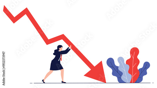 Businesswoman putting her hands against a large red downward arrow to stop it, representing crisis management and fighting recession.