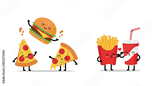 Set of cute cartoon fast food characters including burger, pizza slices, fries, and soda with smiling faces, representing fun dining.