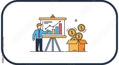 Professional businessman presenting a growth chart and financial data next to a box filled with falling gold dollar coins.
