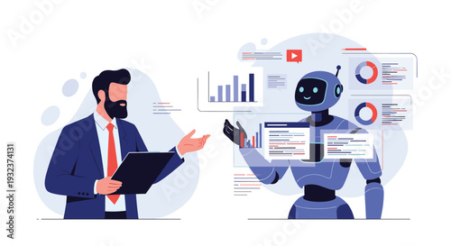 Businessman in a suit interacting with an advanced artificial intelligence robot assistant displaying complex data charts and analytics.