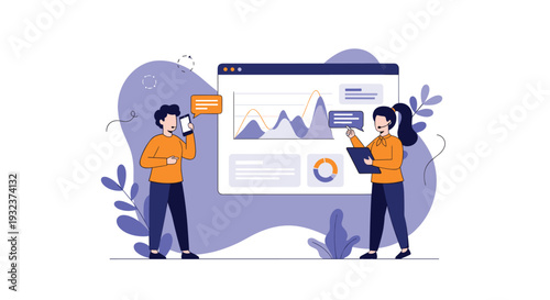 Team of professional data analysts discussing financial reports and business performance shown on a large digital dashboard.