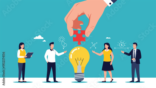 Large hand placing a puzzle piece into a giant light bulb with a group of business people, representing collaborative idea creation.