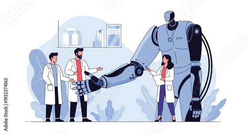 Group of doctors in white coats observing a large futuristic medical robot designed for advanced surgery and patient care.
