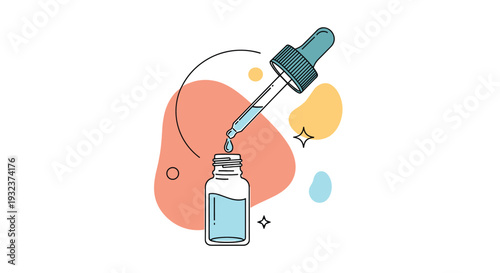 Close up illustration of a cosmetic dropper bottle with a serum pipette against a soft abstract colored background.