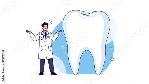 Medical professional in a lab coat and stethoscope standing next to a giant healthy white tooth representing dental healthcare.