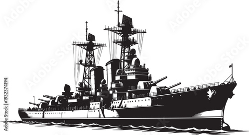 Battleship Silhouette Vector Illustration, Vintage Warship with Heavy Guns, Triple Turrets, Mast and Superstructure, Naval Military Ship Profile Black Outline Art