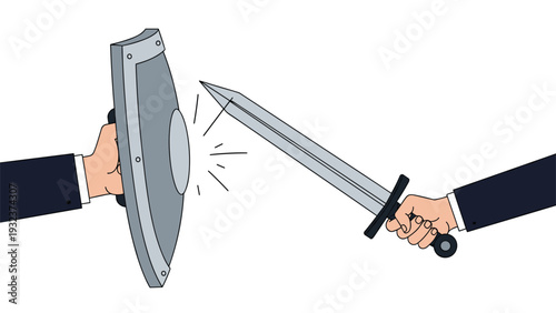 Hand in a business suit holding a metal shield to block an attack from a sword held by another hand representing conflict.
