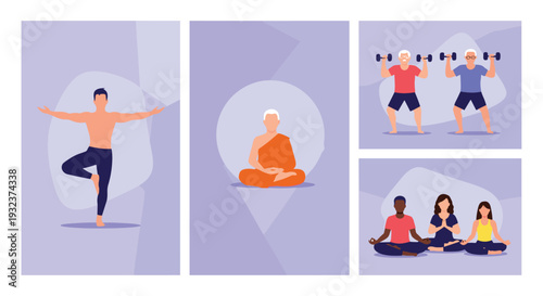 Diverse collection of health and wellness scenes featuring individuals practicing yoga, meditation, and strength training exercises.