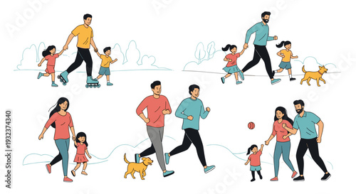 Set of diverse family groups enjoying various outdoor activities in a park including jogging, walking, and playing games.