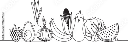 Continuous one line drawing. Vegetables different size from small till big. Vector illustration