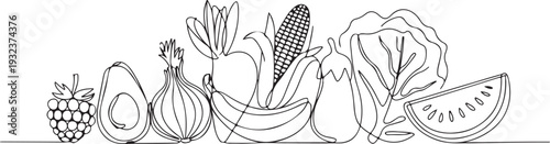 Continuous one line drawing. Vegetables different size from small till big. Vector illustration