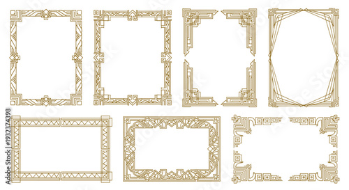 Collection of seven elegant art deco style golden frames with intricate geometric patterns for luxury designs.