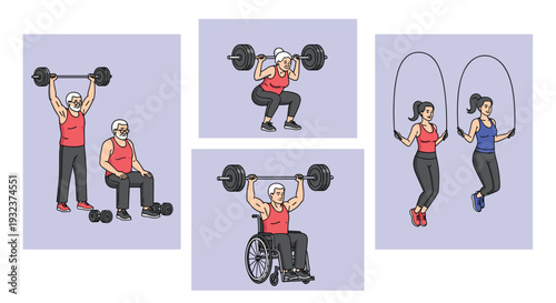 Inspiring collection of exercise scenes featuring senior adults lifting barbells, jumping rope, and staying active in wheelchairs.
