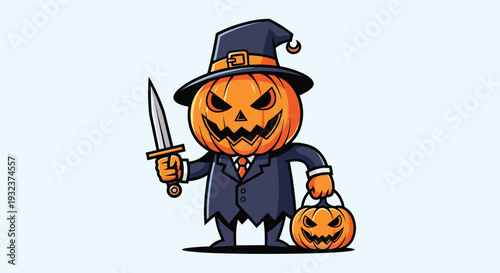 Menacing halloween character with a pumpkin head wearing a business suit and holding a sharp knife and a carved bucket.
