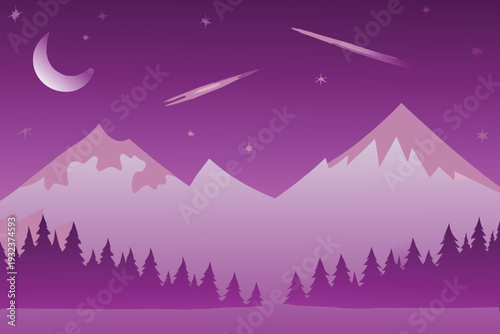 Night sky with crescent moon shooting stars and mountains over pine forest purple hues vector illustration