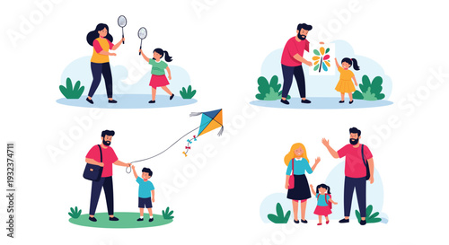 Set of delightful family scenes illustrating parents playing badminton, painting, flying a kite, and walking to school with their children.