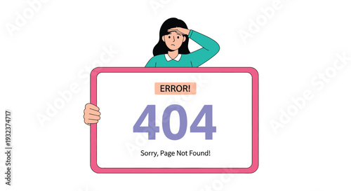 Perplexed woman holding a large sign displaying a 404 error message indicating a page not found.