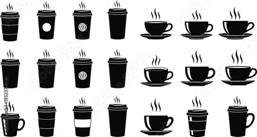 Coffee cup silhouette vector illustration set, hot beverage icons artwork, to‑go mugs and teacups design, café lifestyle concept, drink symbol artwork