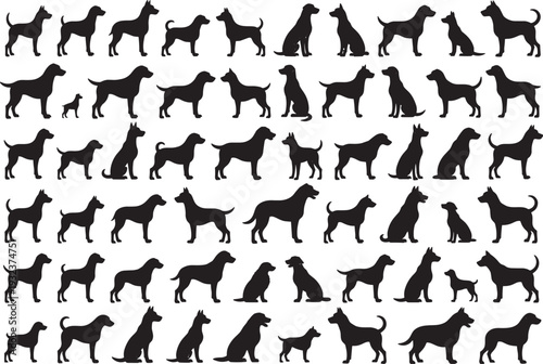 Black dog silhouettes set with various canine breeds and poses, sitting, walking, standing, domestic puppy collection, pet animal icons, vector illustration for 